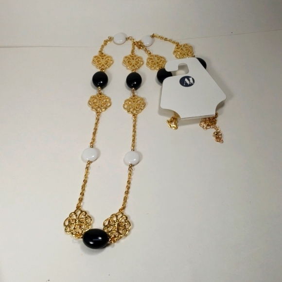 Women's Gold Statement 38" Long Necklace w/ Black, White Beads & Filigree Discs - Picture 3 of 6